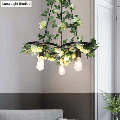 Retro Wheel Iron Chandelier Pendant Light With Plant Decor - Black 3/6 Heads