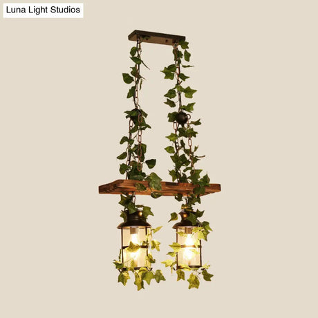 Retro Wooden Lantern 2/3 Head Island Ceiling Light With Led Drop Lamp Pink/Green Plant/Flower Decor