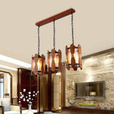 Retro Yellow Water Glass Pendant Light With Wood Panel Design - 3 Heads Cluster Brown Dining Room