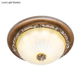 Ribbed Glass Brown Flush Ceiling Light With Domed Shade - Led Farmhouse Flushmount Lamp