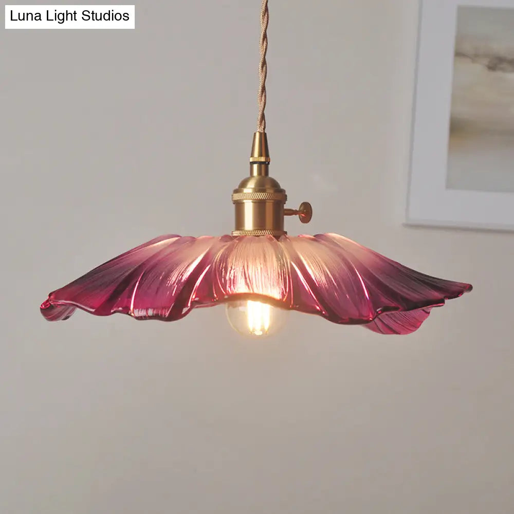 Ribbed Glass Vintage Floral Hanging Lamp Pendant - Single-Bulb Lighting For Restaurants
