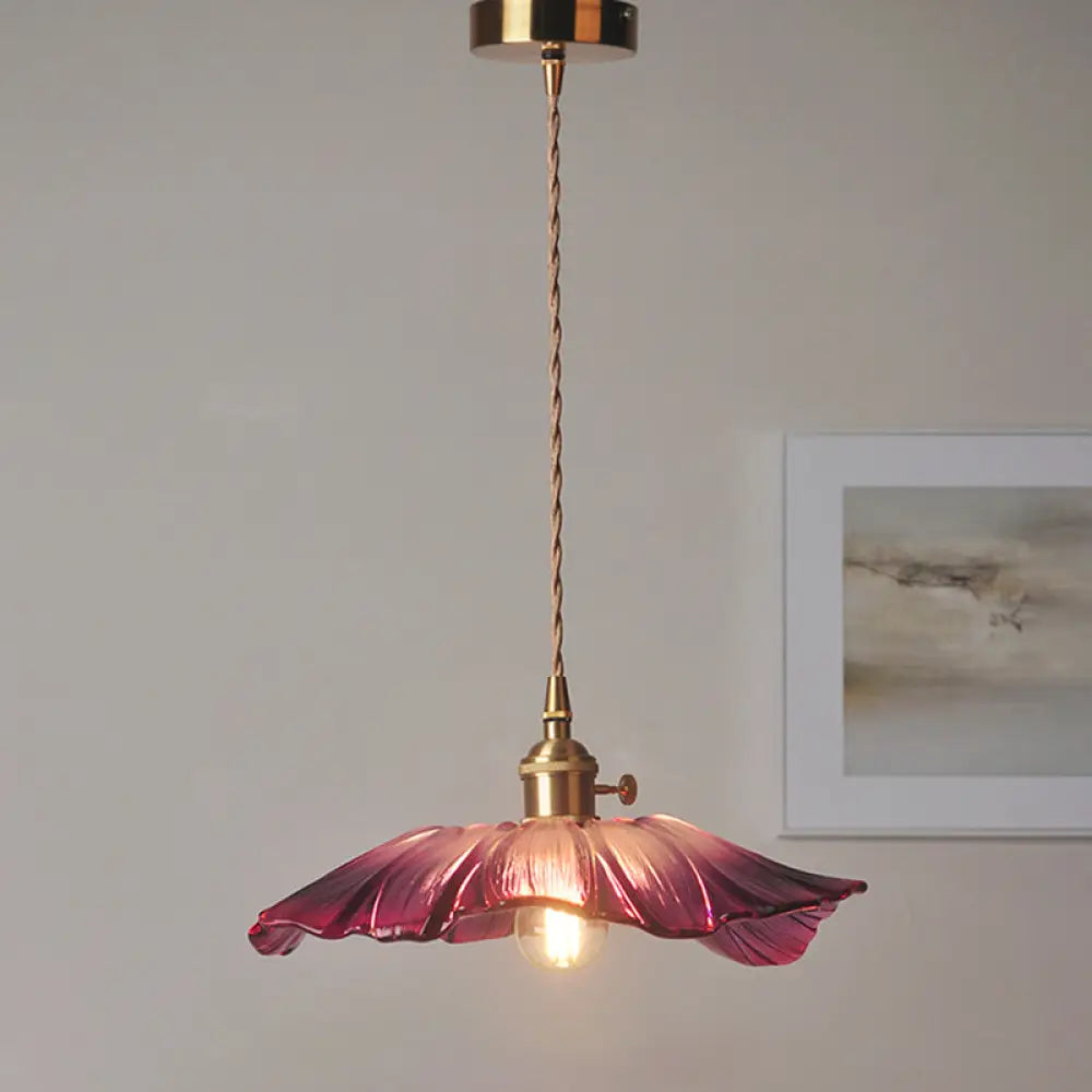 Ribbed Glass Vintage Floral Hanging Lamp Pendant - Single-Bulb Lighting For Restaurants Purple