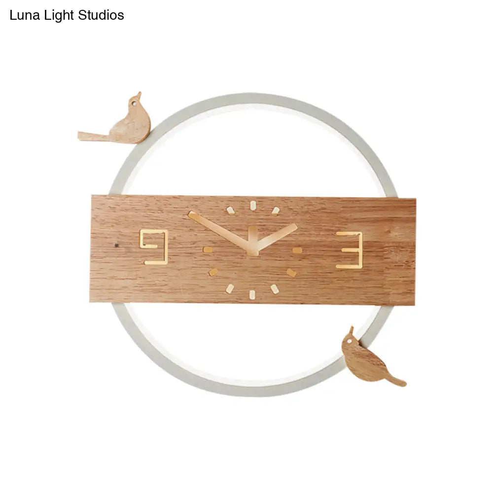 Ring Led Sconce Light With Wooden Clock | Bird Deco Kids Acrylic Wall Lamp