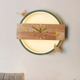 Ring Led Sconce Light With Wooden Clock | Bird Deco Kids Acrylic Wall Lamp Green / White
