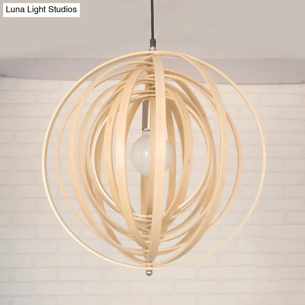 Rippling Sphere Wood Pendant Light Kit - Asian 1 Beige Hanging Fixture For Table