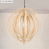 Rippling Sphere Wood Pendant Light Kit - Asian 1 Beige Hanging Fixture For Table