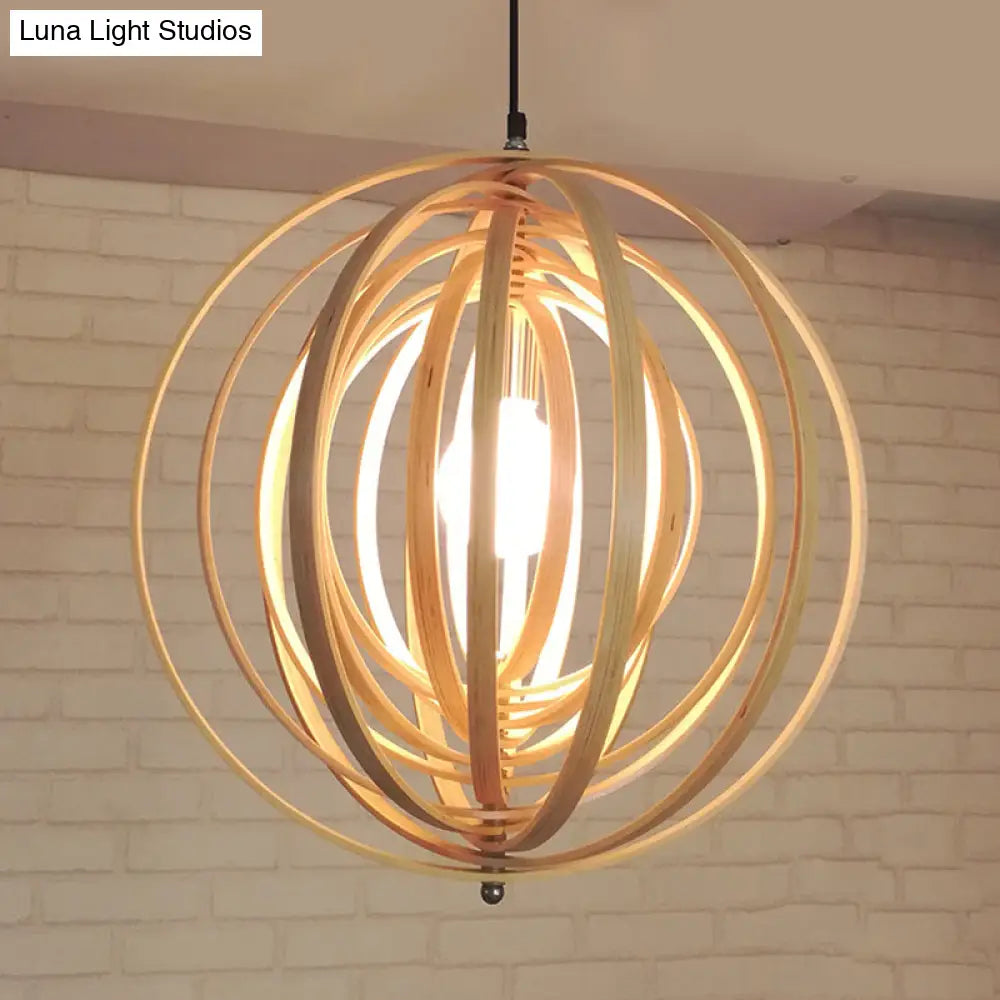 Rippling Sphere Wood Pendant Light Kit - Asian 1 Beige Hanging Fixture For Table