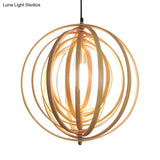 Rippling Sphere Wood Pendant Light Kit - Asian 1 Beige Hanging Fixture For Table