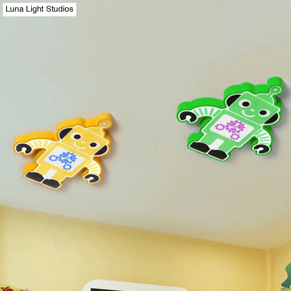 Robot Kinder Lamp - Led Cartoon Flush Mount Fixture In Yellow/Blue/Green