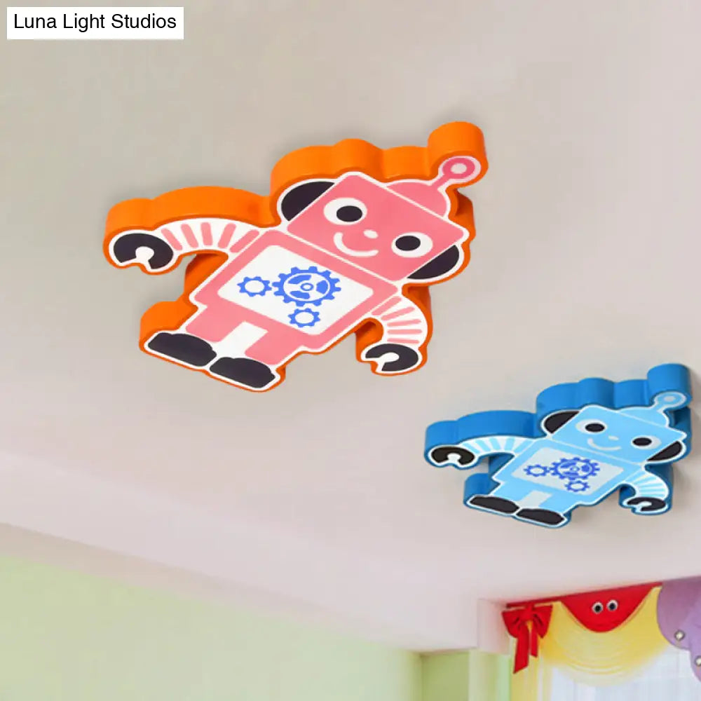 Robot Kinder Lamp - Led Cartoon Flush Mount Fixture In Yellow/Blue/Green