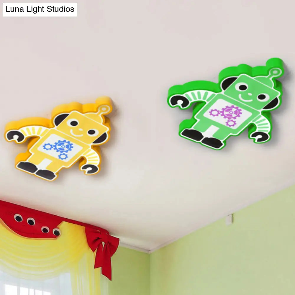Robot Kinder Lamp - Led Cartoon Flush Mount Fixture In Yellow/Blue/Green
