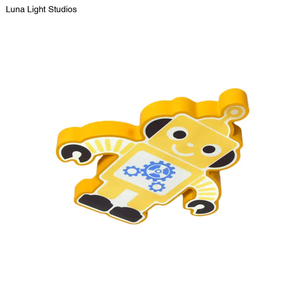 Robot Kinder Lamp - Led Cartoon Flush Mount Fixture In Yellow/Blue/Green