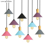 Roll-Edged Conical Iron Pendant Lamp In Pink/Blue/Grey - Loft Style For Single Dining Room