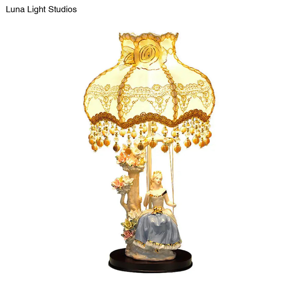 Romantic Beige Ceramic Figure Night Lamp With Scalloped Fabric Shade - Bedroom Table Light