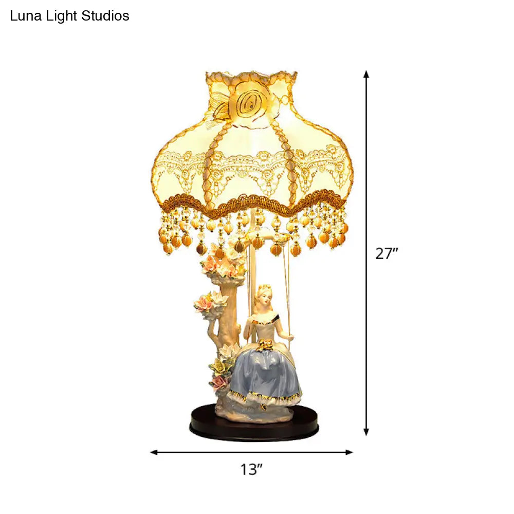 Romantic Beige Ceramic Figure Night Lamp With Scalloped Fabric Shade - Bedroom Table Light