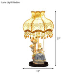 Romantic Beige Ceramic Figure Night Lamp With Scalloped Fabric Shade - Bedroom Table Light