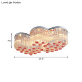 Romantic Crystal Rod Loving Heart Modern 8 - Light Flush Ceiling Light With Pink Ceramic Rose
