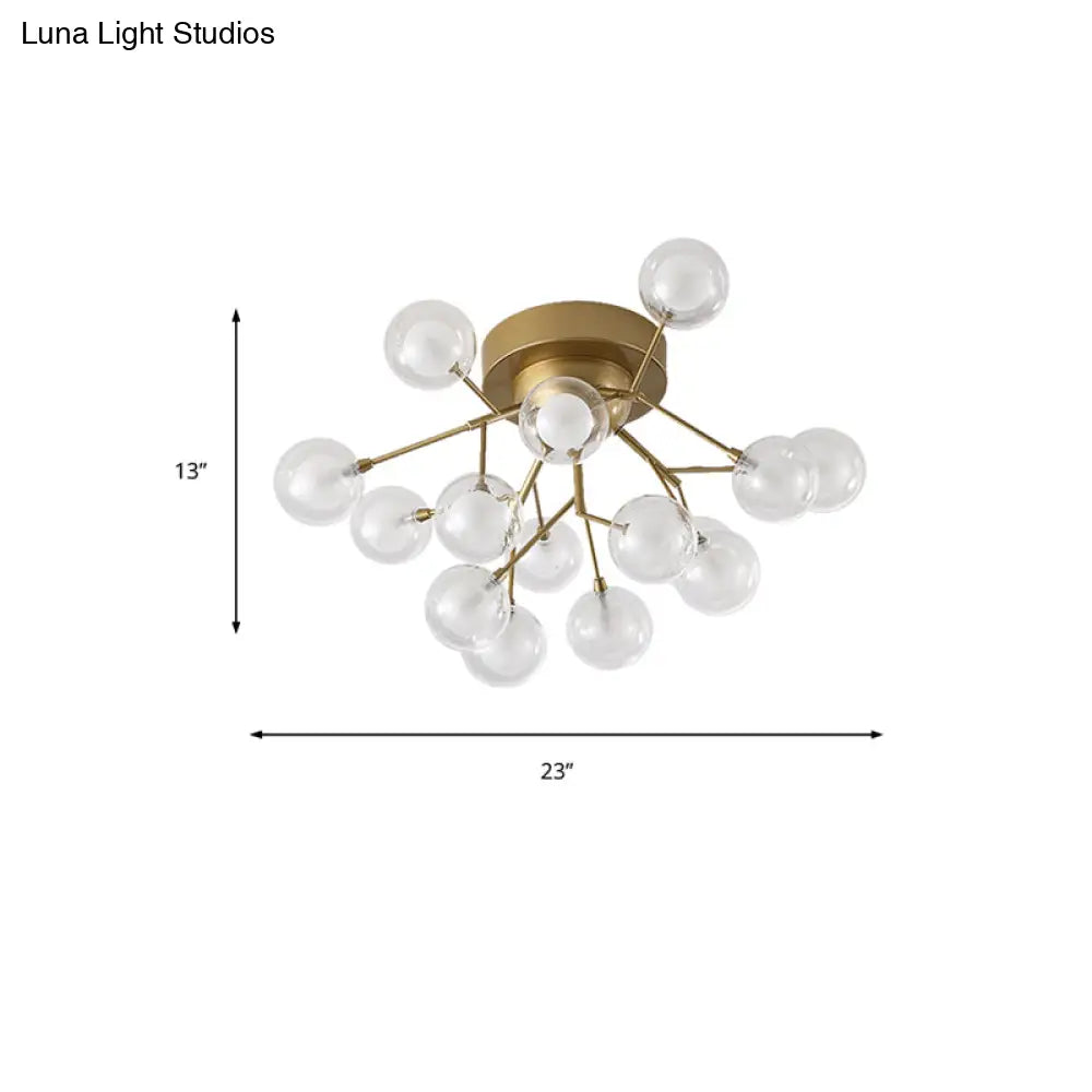 Romantic Gold Plant Semi Ceiling Mount Light For Hotels - Multi - Head Metal Glass Lamp