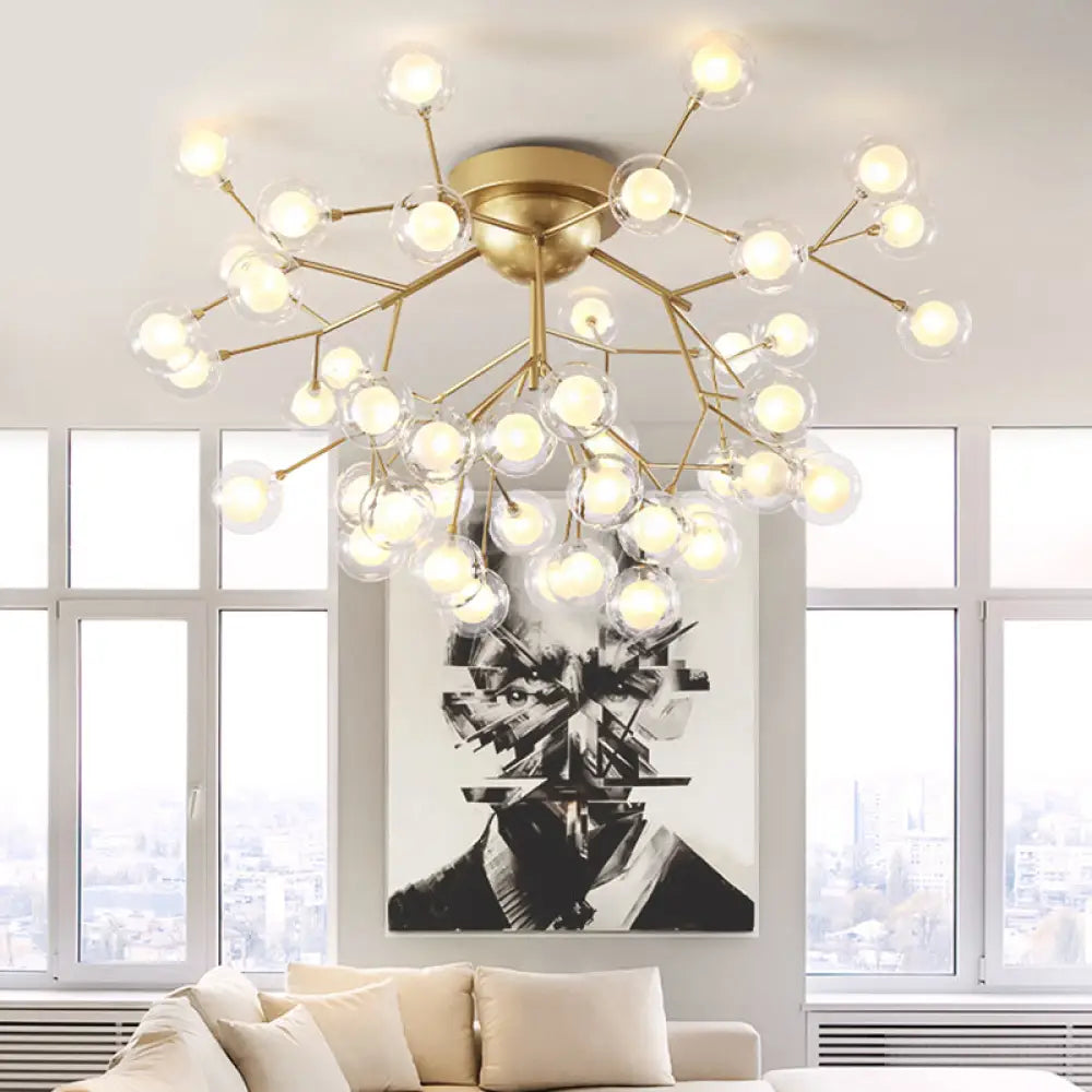Romantic Gold Plant Semi Ceiling Mount Light For Hotels - Multi - Head Metal Glass Lamp 45 /