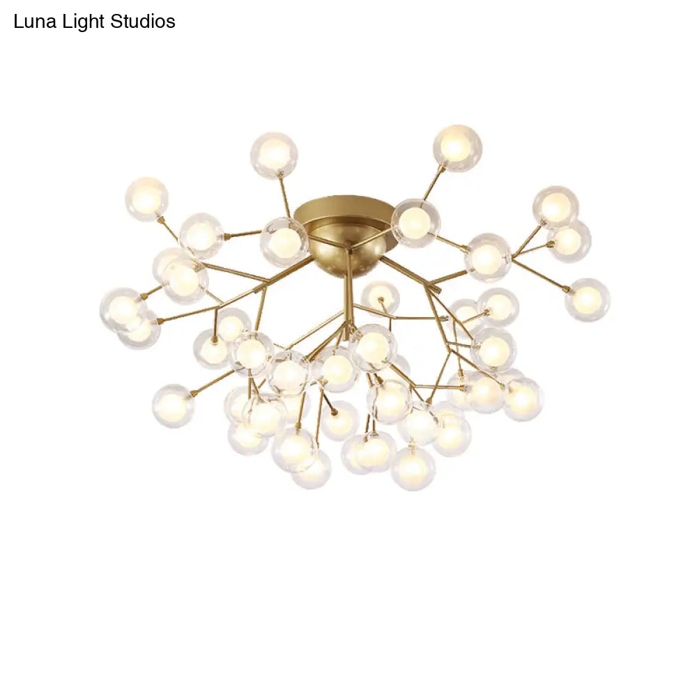 Romantic Gold Plant Semi Ceiling Mount Light For Hotels - Multi - Head Metal Glass Lamp