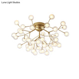 Romantic Gold Plant Semi Ceiling Mount Light For Hotels - Multi - Head Metal Glass Lamp