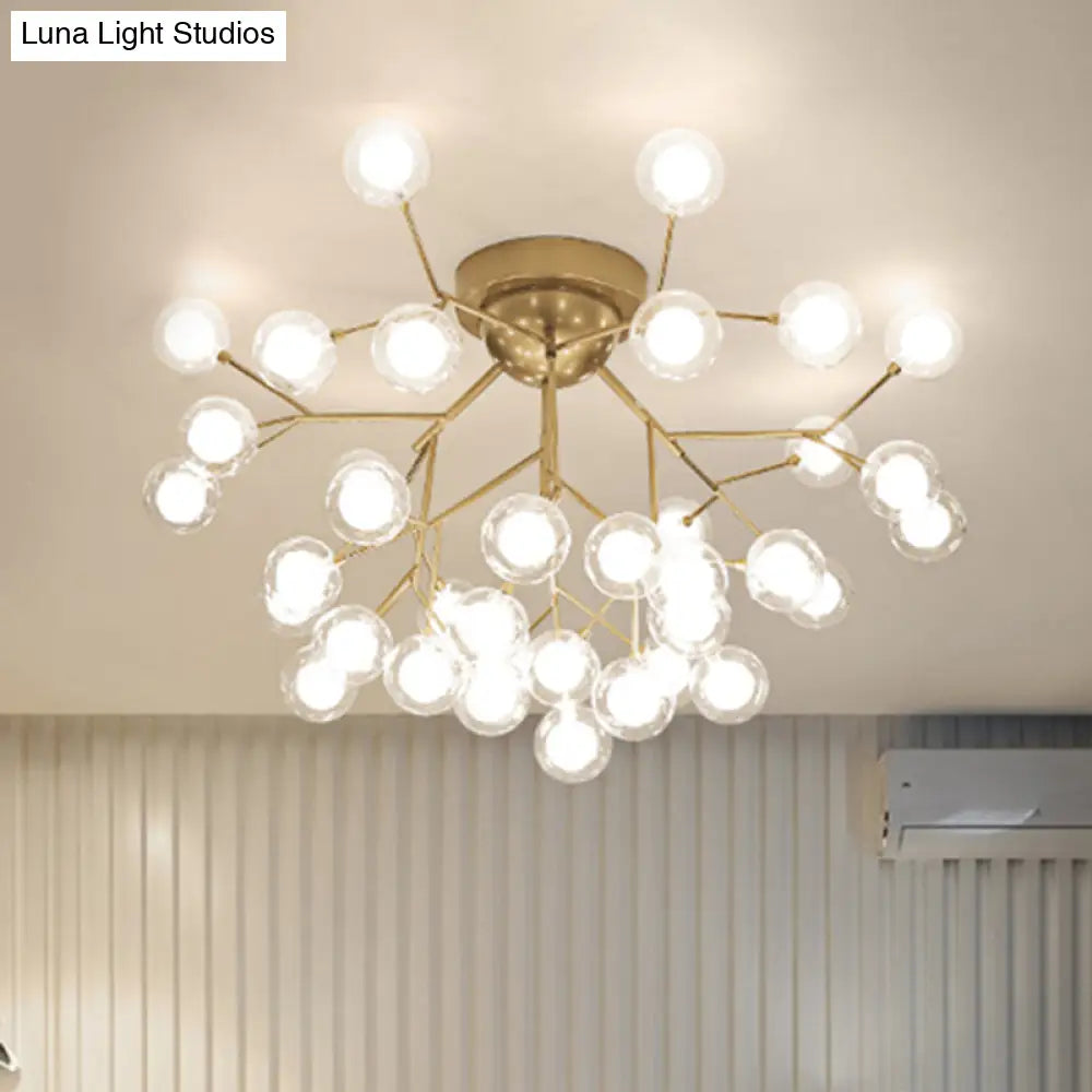 Romantic Gold Plant Semi Ceiling Mount Light For Hotels - Multi - Head Metal Glass Lamp