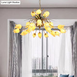 Romantic Metal Tulip/Lily Chandelier Light Fixture - 25-Light Led Ceiling Pendant In Brass For