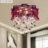 Romantic Modern Red Flushmount Lamp - Fabric Bedroom Led Ceiling Light With Dangling Crystals
