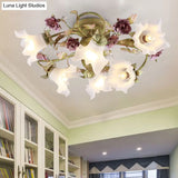 Romantic Opal Glass Semi Flush Light With Green Flower Design - 6 Heads Spiral Ceiling