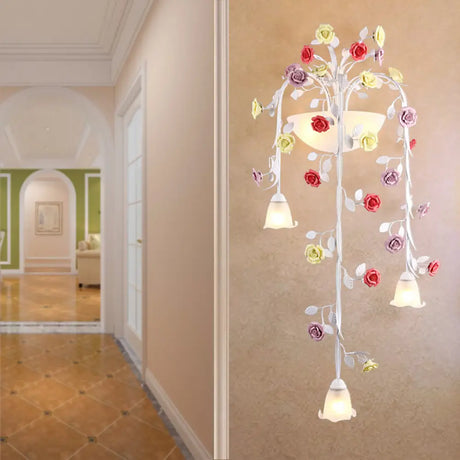 Romantic Pastoral Draped Sconce Lamp - White Glass Wall Mounted Light With Colorful Flower Accent (5