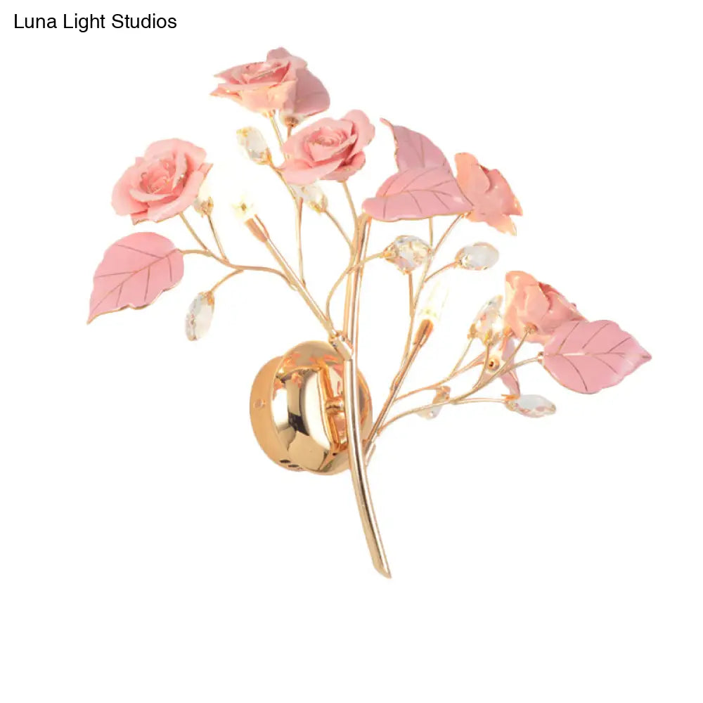 Romantic Red/White/Pink Rose Blossom Sconce With 2 Lights - Ceramic Wall Mount Lamp For Hotels