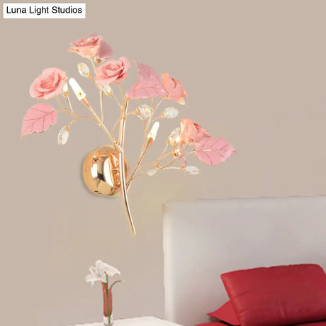Romantic Red/White/Pink Rose Blossom Sconce With 2 Lights - Ceramic Wall Mount Lamp For Hotels