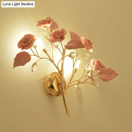 Romantic Red/White/Pink Rose Blossom Sconce With 2 Lights - Ceramic Wall Mount Lamp For Hotels