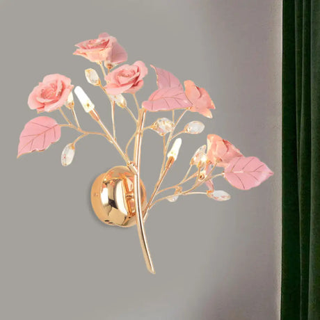 Romantic Red/White/Pink Rose Blossom Sconce With 2 Lights - Ceramic Wall Mount Lamp For Hotels Pink