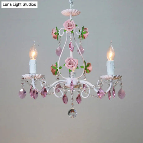 Romantic White Candlestick Chandelier With Pink Rose & Crystal Accents - Ceiling Light For Bedroom