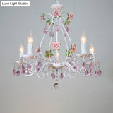 Romantic White Candlestick Chandelier With Pink Rose & Crystal Accents - Ceiling Light For Bedroom