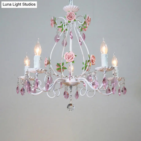 Romantic White Candlestick Chandelier With Pink Rose & Crystal Accents - Ceiling Light For Bedroom