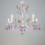 Romantic White Candlestick Chandelier With Pink Rose & Crystal Accents - Ceiling Light For Bedroom 6