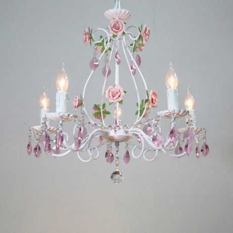 Romantic White Candlestick Chandelier With Pink Rose & Crystal Accents - Ceiling Light For Bedroom 6