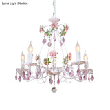 Romantic White Candlestick Chandelier With Pink Rose & Crystal Accents - Ceiling Light For Bedroom