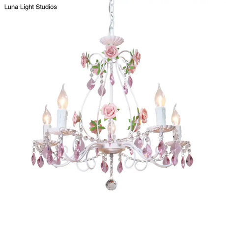 Romantic White Candlestick Chandelier With Pink Rose & Crystal Accents - Ceiling Light For Bedroom