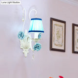 Romantic White Fabric Cone Wall Sconce With Crystal Drop