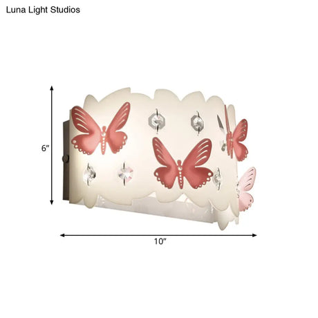 Romantic White Wall Lamp With Etched Pink Butterfly Design For Girls Bedroom