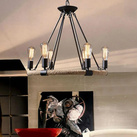 Rope-Wrapped Circle Pendant Light With Multiple Bulbs In Black And Brown 6 /