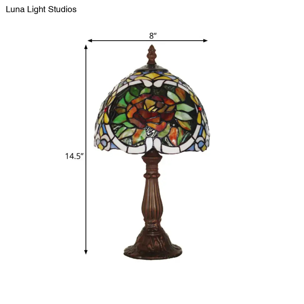 Rose Blossom Stained Glass Night Lamp - Tiffany-Style Bronze Finish Bedroom Table Light