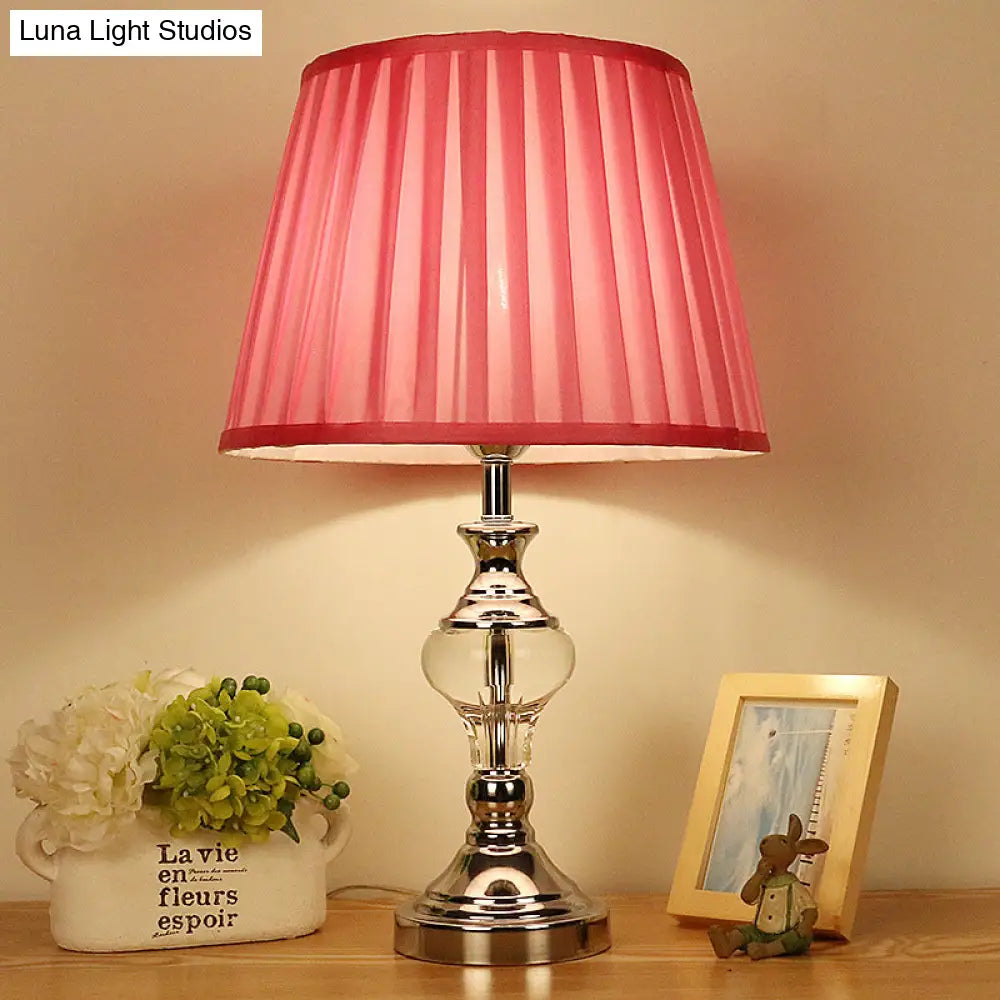 Rose Red Fabric Night Lamp With Crystal Accent For Bedroom Nightstand