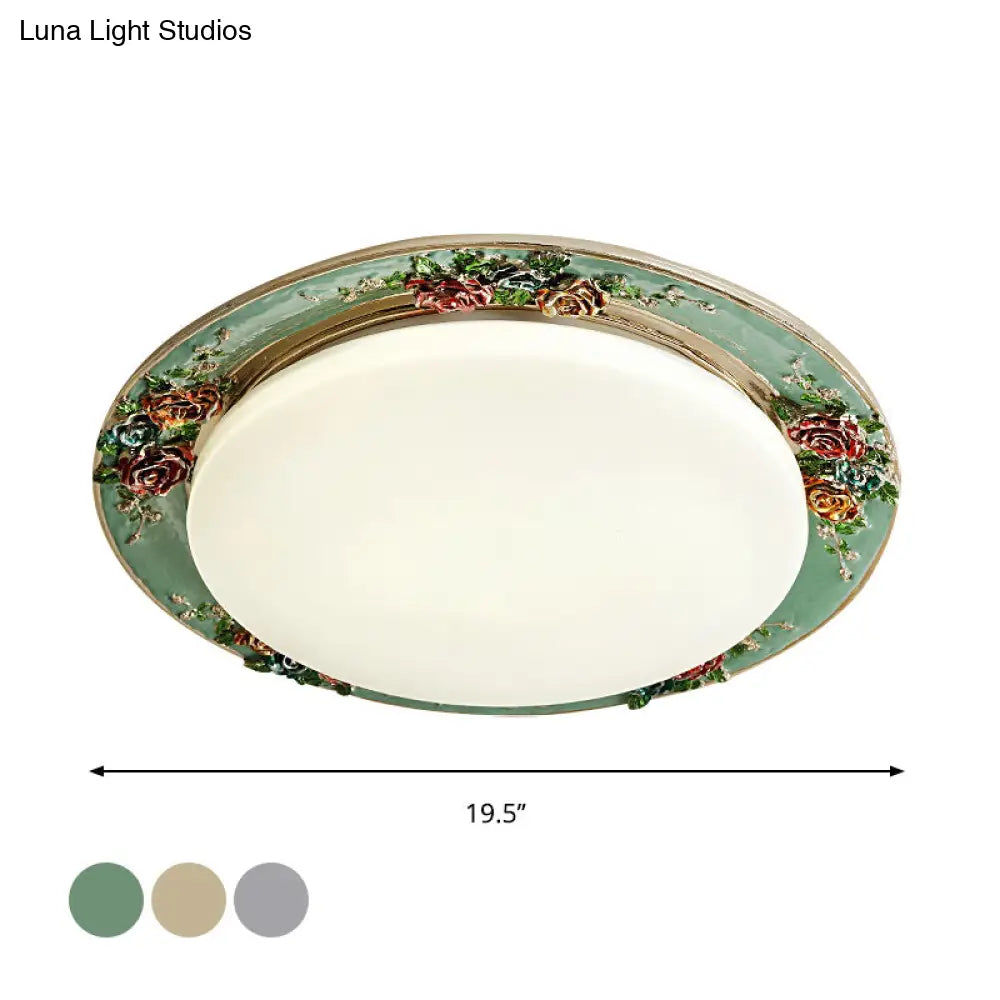 Rose Round Handcrafted Resin Led Ceiling Light For Retro Bedrooms In Beige/Green/Silver Grey