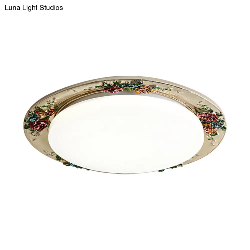 Rose Round Handcrafted Resin Led Ceiling Light For Retro Bedrooms In Beige/Green/Silver Grey