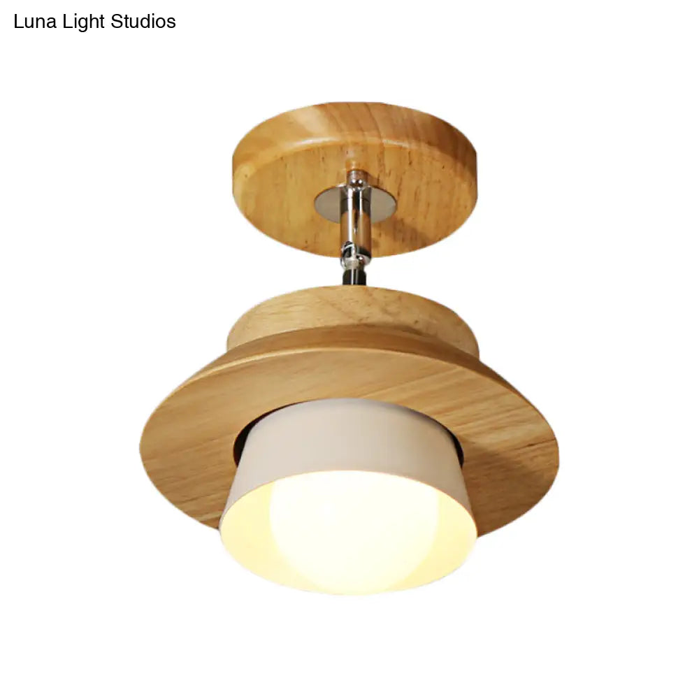 Rotatable Minimalist Wood Cap Ceiling Lamp With White Shade - Semi Flush Mount