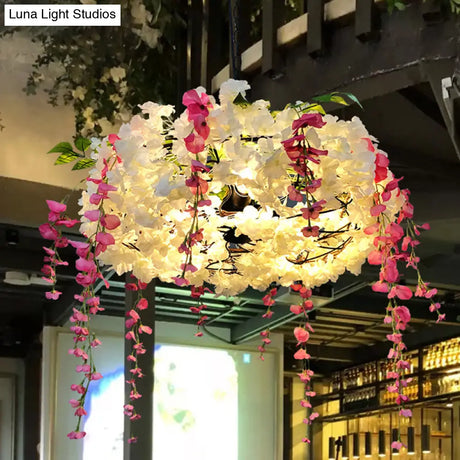 Round Cage Pendant Lamp With Floral Accents - Rustic Metal Chandelier 3 Lights